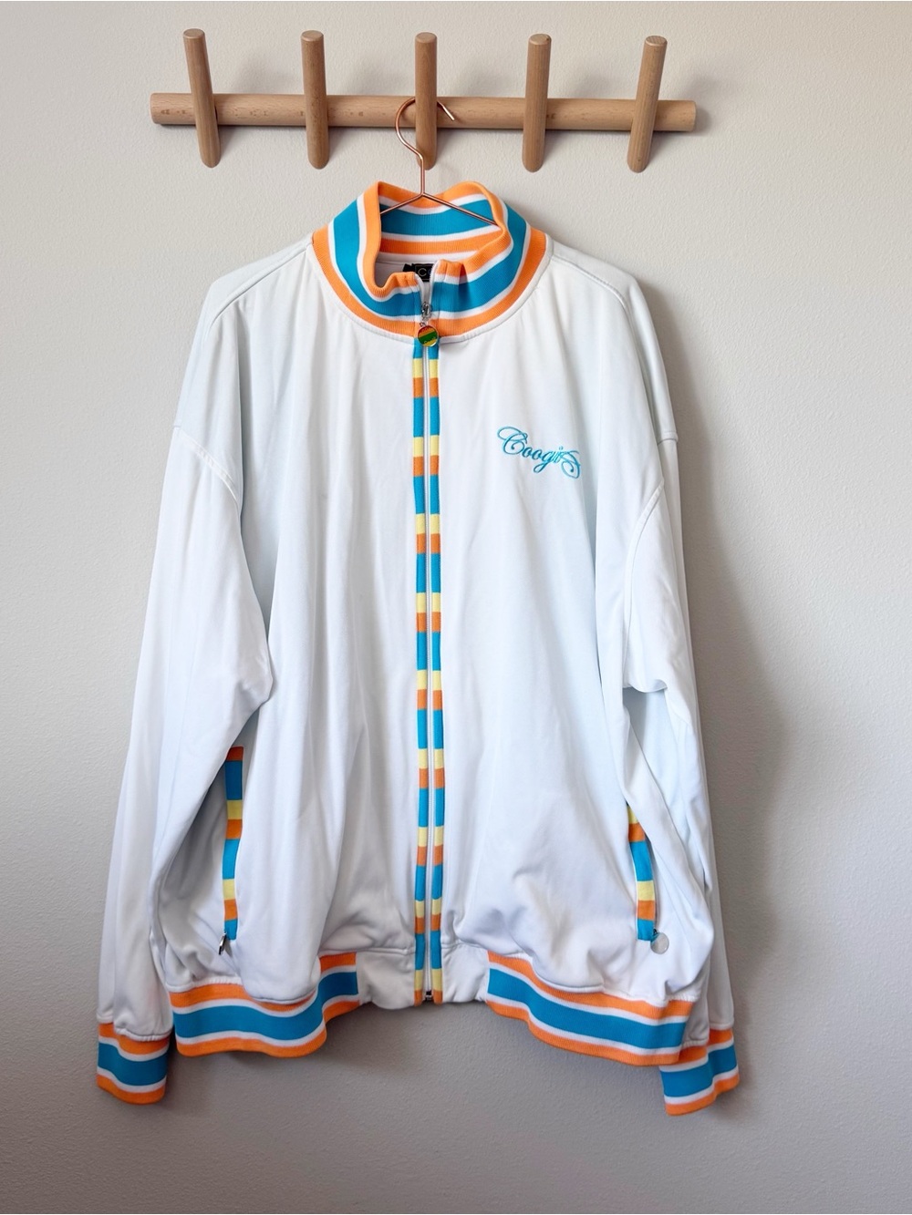 COOGI Vintage White Varsity TrackJacket with Teal & Orange Trim